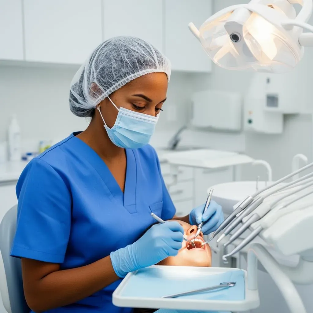Técnica em saúde bucal de uniforme e máscara, atendendo em consultório odontológico